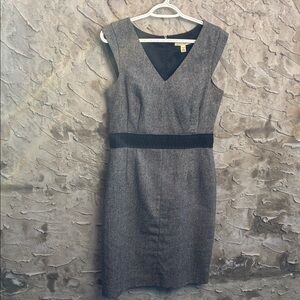Banana Republic Wool Blend Tweed Cap Sleeves Charcoal V-Neck Midi Dress Size 8